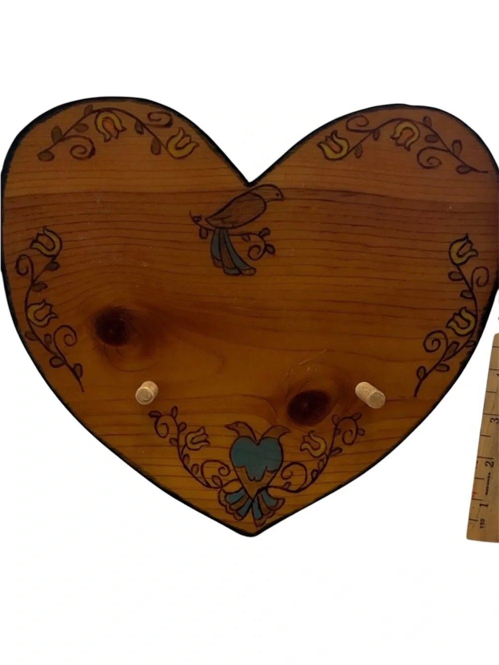 Wooden Wall Coat Hanger VTG Scandinavian-style folk art pyrography Heart Shaped